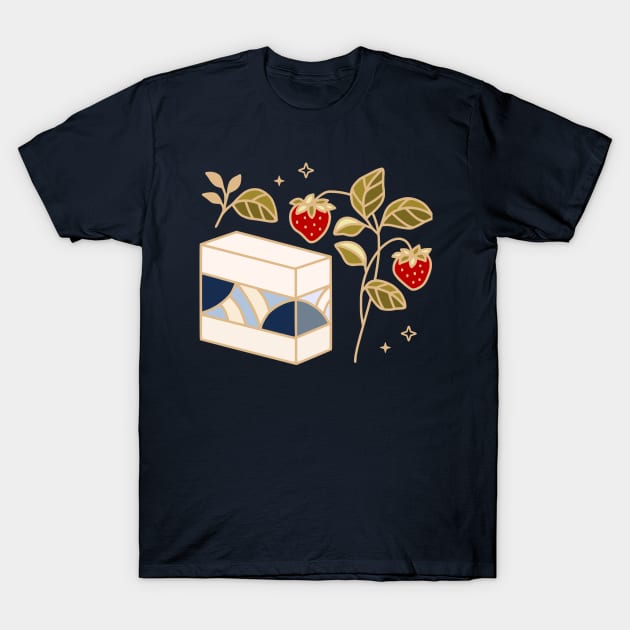 Strawberry cake and blue wave pattern T-Shirt by thecolorblooms